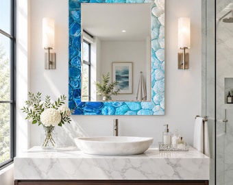 Turquoise Pebble Effect Wall Mirror with Icy Aqua mirror, Decorative Glass Mirror for Coastal Bedroom, Bathroom and Entryway mirror