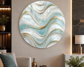 Aqua Gold Abstract Wall Art, Pearl White Tempered Glass Decor, Luxury Wave Art, Sea Glass Wall Art