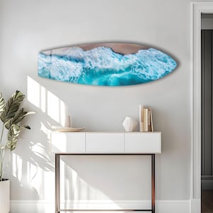 Blue Ocean Surfboard Tempered Glass Wall Art: Coastal Decor