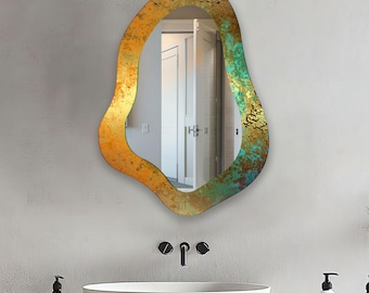 Asymmetrical Gold Wall Mirror: Handmade Irregular Glass, Modern Decor