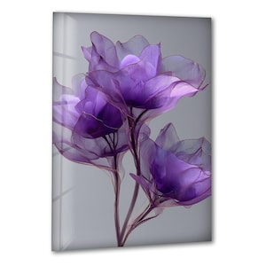 Purple Floral Tempered Glass Wall Art, Modern Living Room Decor