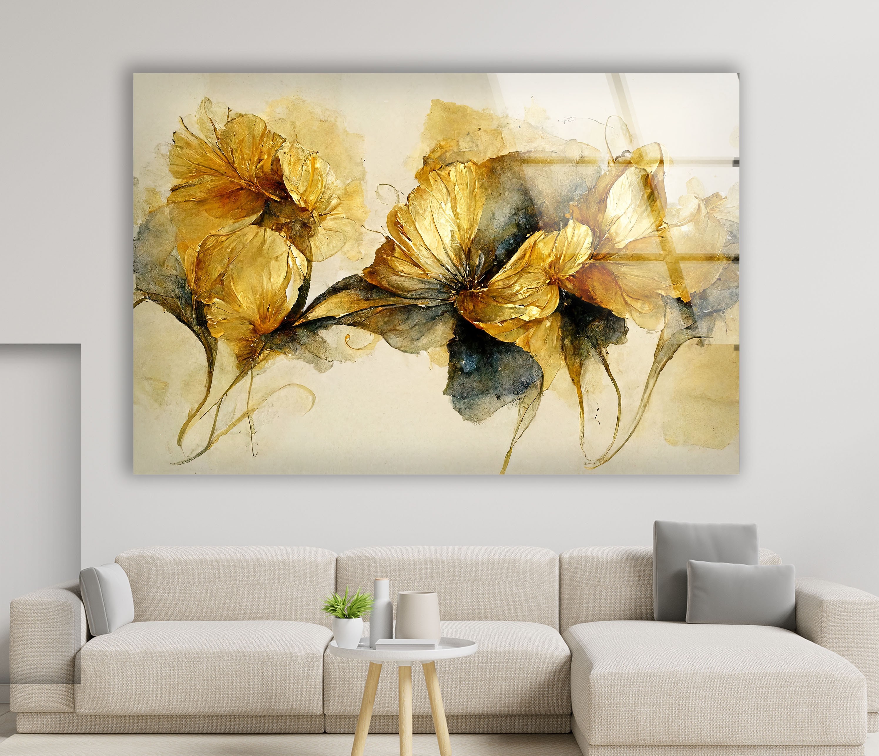 Gold Floral Wall Art-gold Floral Art Gift for Her-tempered Glass Wall ...