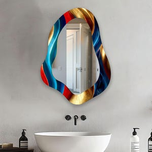 Luxury Asymmetrical Glass Wall Mirror ,  Irregular Red, Blue & Gold Design for Bathroom ,  Entryway Decor