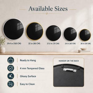a collection of available sizes for wall mirrors, ranging from 39.4 in (100 cm) to 20 in (50 cm). The sizes are organized in descending order, with the largest mirror being 27.5 in (70 cm) and the smallest being 20 in (50 cm). The image also includes a close-up view of a mirror with a glossy surface and a hanger on the back, highlighting the features of the available sizes.