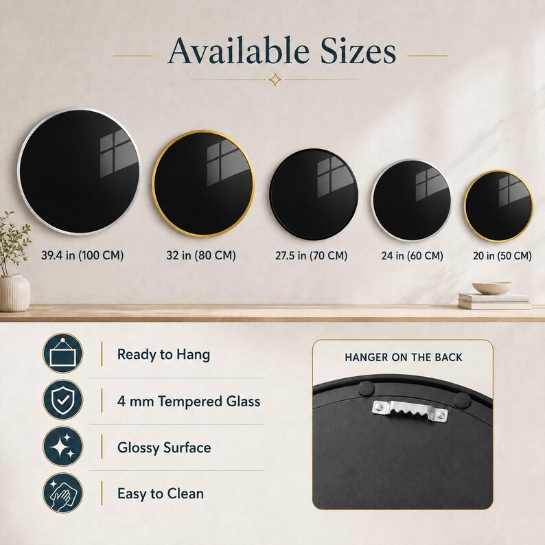 a collection of available sizes for wall mirrors, ranging from 39.4 in (100 cm) to 20 in (50 cm). The sizes are organized in descending order, with the largest mirror being 27.5 in (70 cm) and the smallest being 20 in (50 cm). The image also includes a close-up view of a mirror with a glossy surface and a hanger on the back, highlighting the features of the available sizes.
