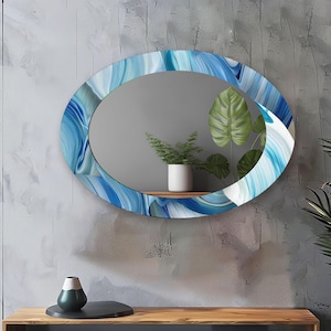 Blue Tempered Glass Oval Wall Mirror: Modern Bathroom Bedroom Decor