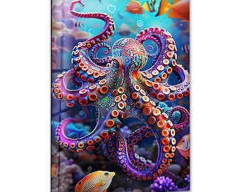 Neon Octopus Tempered Glass Wall Art: Modern Sea Creature Print