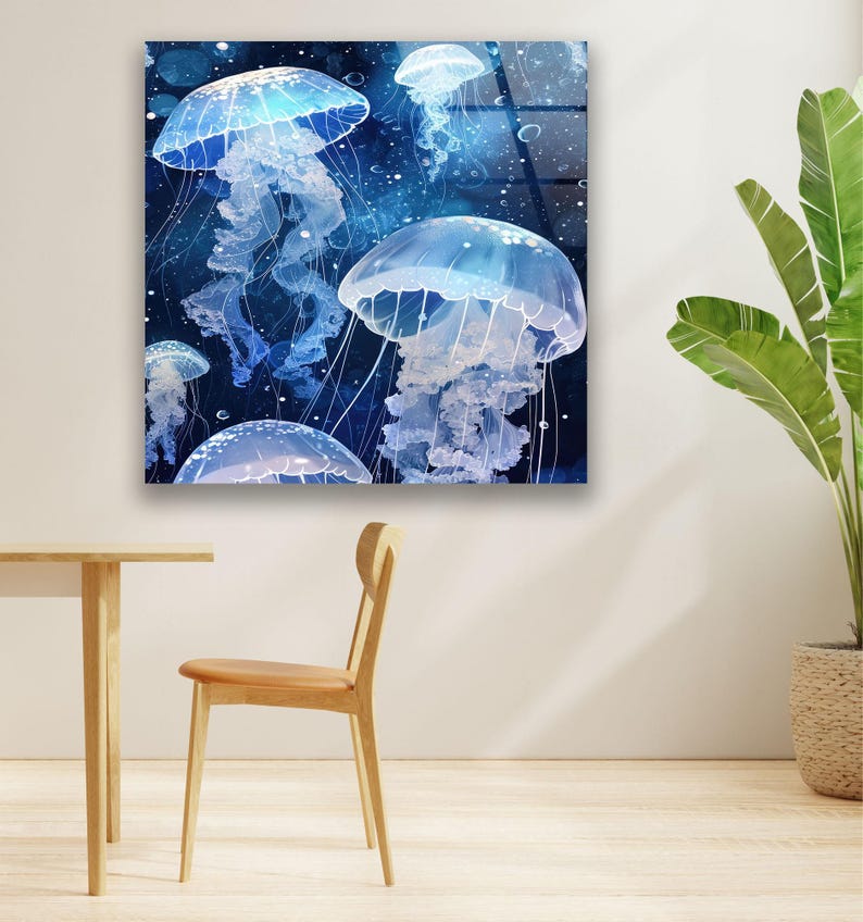 a room with a chair and a painting of jellyfish