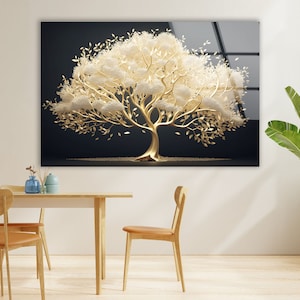 a painting of a tree with white flowers on a black background