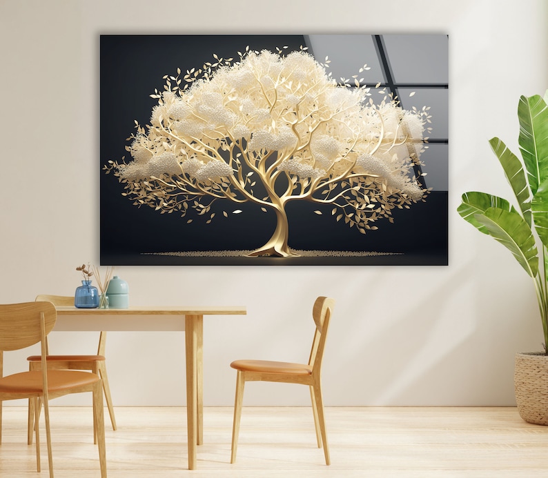 a painting of a tree with white flowers on a black background