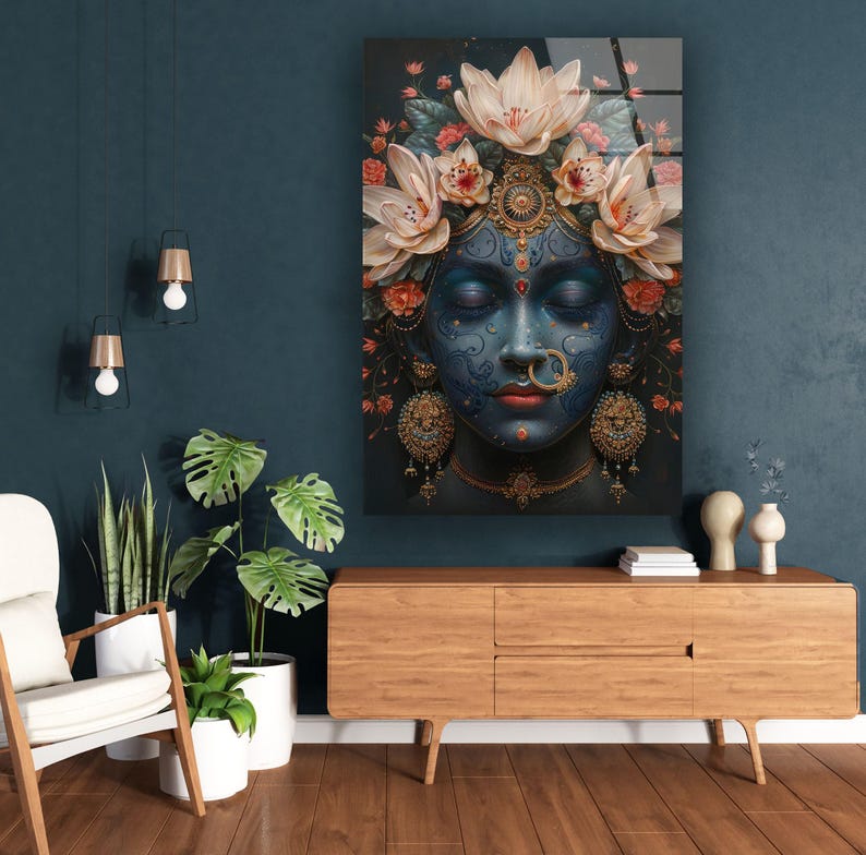 Lord Krishna Glass Wall Art Divine Hindu Home Decor Etsy