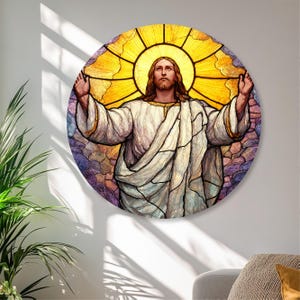 Jesus Tempered Glass Wall Art, Christian Round Stained Glass Printing Decor