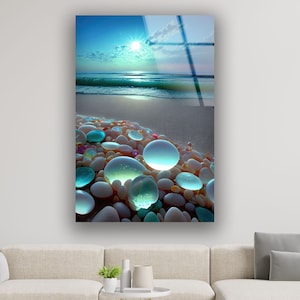 Tempered Glass Wall Art: Ocean Stones, Modern Coastal Decor