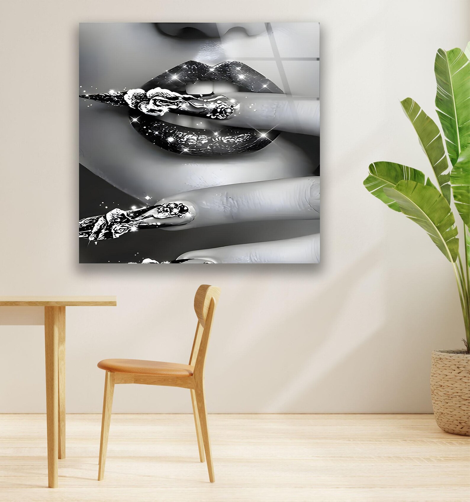 Woman With Bright Nails Black & White Glass Panels for Sale Custom