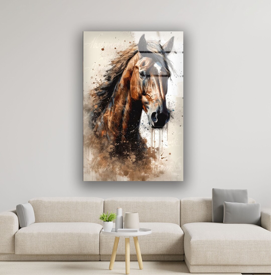 Brown Horse Portrait Watercolor Glass Wall Art for Living Room