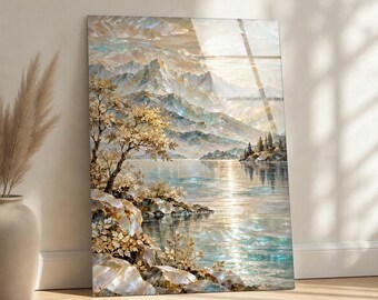 Mountain Lake Tempered Glass Wall Art, Pearl White and Gold Landscape, Luxury Nature Wall Decor, Serene Mountain Art