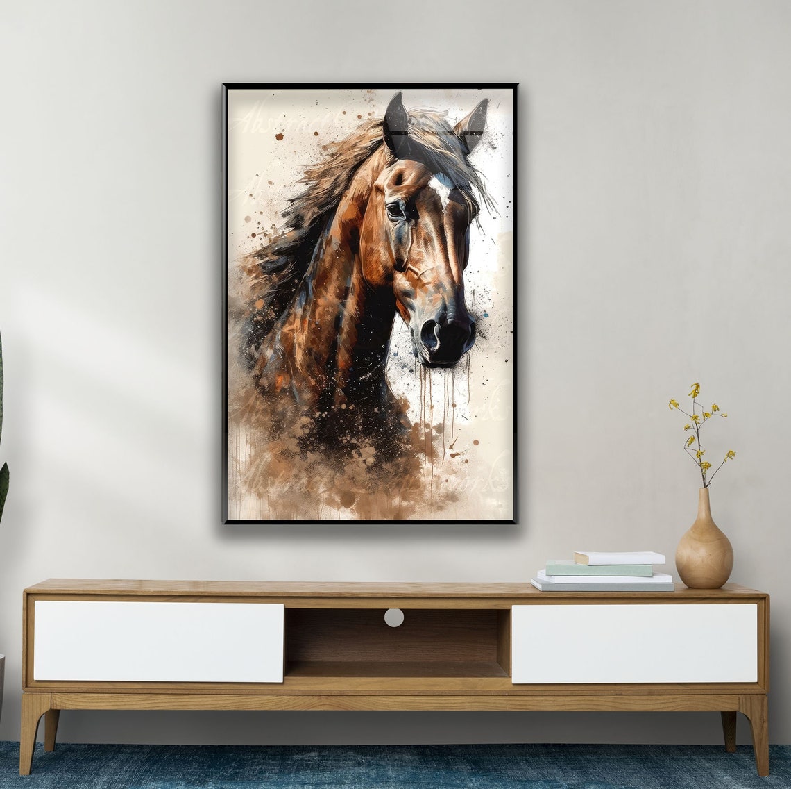 Brown Horse Portrait Watercolor Glass Wall Art for Living Room