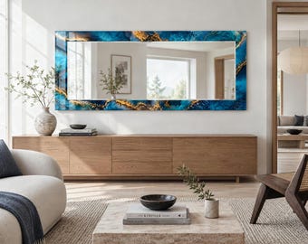 Deep Teal and Gold Agate Effect Wall Mirror with Navy Mineral Print, Decorative Glass Mirror for Glam Living Room and Bedroom