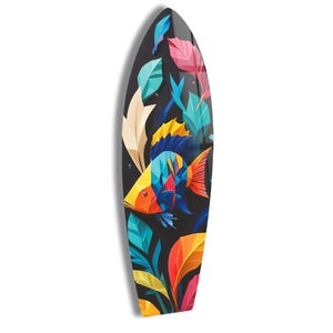 Surfboard Tempered Glass Wall Art: Asymmetrical Tropical Fish Decor