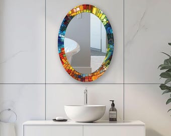 Stained Tempered Glass Oval Mirror - Modern Decorative Wall Mirror
