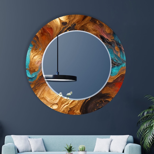 Miroir mural rond abstrait pour salle de bain, décoration murale pour chambre à coucher, miroir de salle de bain pour meuble-lavabo, décoration miroir cuivre en verre trempé