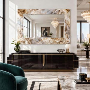Ivory and Gold Onyx Wall Mirror, Tempered Glass Framed Decorative Mirror with Soft Gray Mineral Patterns for Elegant Living Room Decor