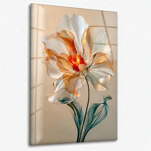 Amber Blossom Tempered Glass Wall Art, Translucent Ivory Petals and Teal Leaves, Luminous Botanical Decor