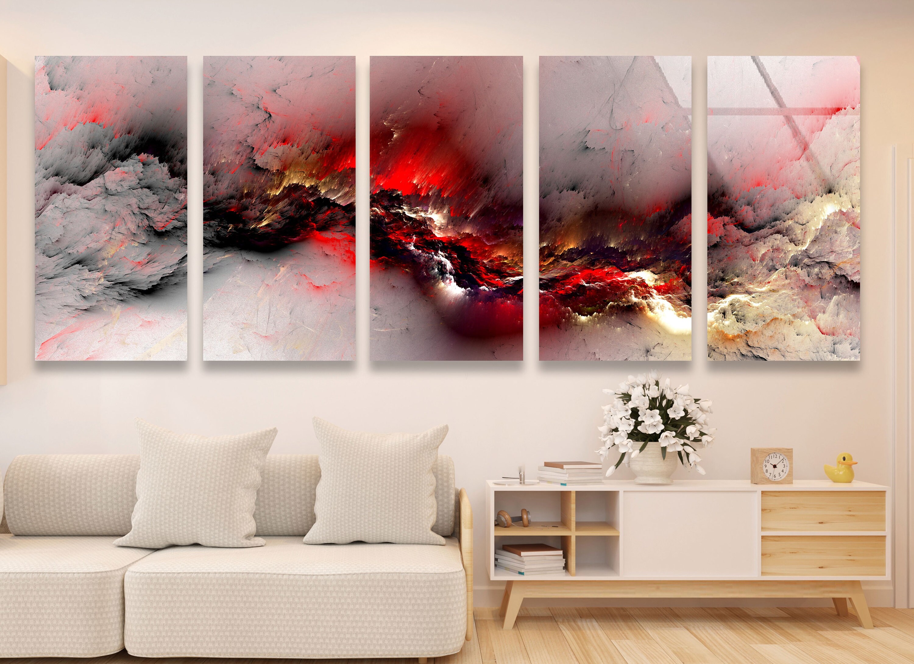 Tempered Glass Wall Art-Large Abstract Wall Art-Tempered Glass Art-Glass Printing Art-Extra Large Wall Art-Panoramic Red Fractal Wall Art