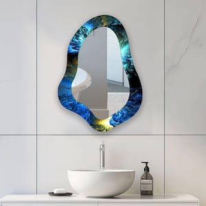 Blue Abstract Round Wall Mirror for Bathroom Mirror Wall Decor for Bedroom, Blue Bathroom Mirror for Vanities, Tempered Glass Mirror design