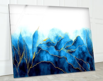 Blue Marble Tempered Glass Wall Art: Abstract Gold Veins Decor