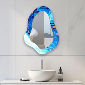 Contemporary Asymmetrical Glass Wall Mirror ,  Irregular Blue & Gold Alcohol ink Design for Bathroom ,  Living Room Decor