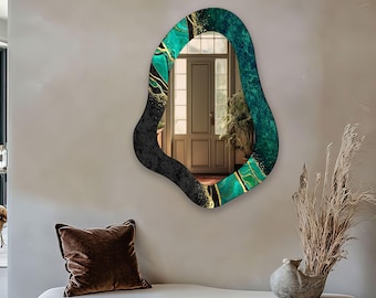 Green Marble Tempered Glass Wall Mirror - Gold Frame Bathroom Decor