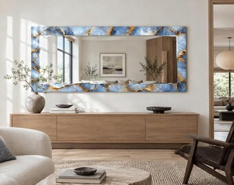 Blue and Gold Marble Effect Wall Mirror with Icy Stone Print and Golden Veins, Decorative Glass Mirror for Glam Bedroom and Entryway