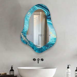 Blue & Gold  Asymmetrical Glass Wall Mirror ,  Irregular Shape Glass Mirror ,  Premium Wall Art for Stylish Bathrooms
