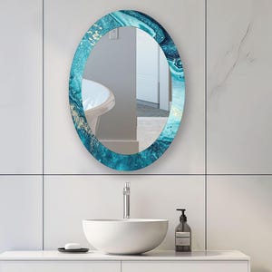 Blue Oval Wall Mirror: Tempered Glass Bathroom Decor