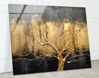 Gold Tree Tempered Glass Wall Art: Black & Gold Decor