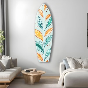 Tempered Glass Wall Art, Surfboard Wall art, Asymmetrical Wall Art, Wall Surfboard, Surfboard Art, Floral Glass Decor, Leaves Wall Art