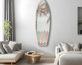 Surfboard Tempered Glass Wall Art: Tropical Beach Palm Tree Print