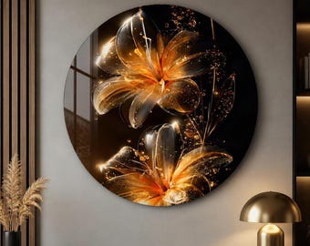 Glowing Golden Lily Glass Wall Art, Black and Amber Floral Decor, Extra Large Tempered Glass Wall Art