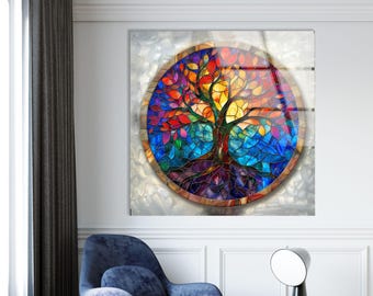Tree of Life Stained Tempered Glass Wall Art, Mandala Glass Printing Decor