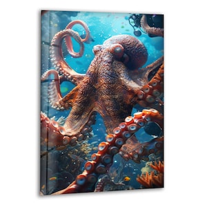 Octopus Glass Wall Art - Underwater Marine Life Print - Coastal Ocean Decor - Sea Creature Artwork - Nautical Wall Art for Home or Office