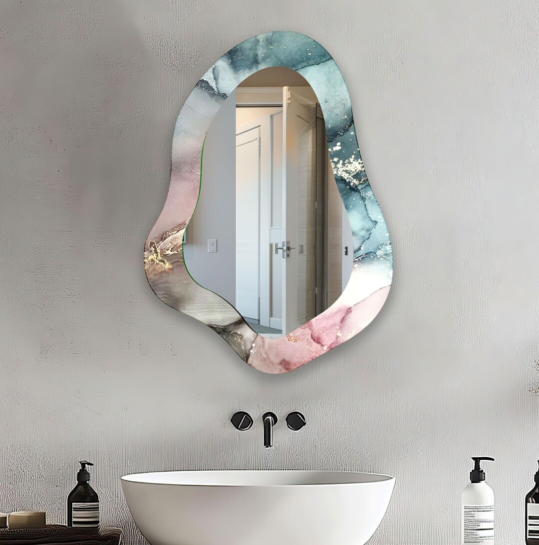 View of Modern Asymmetrical Glass Wall Mirror , Irregular Pastel Design for ...