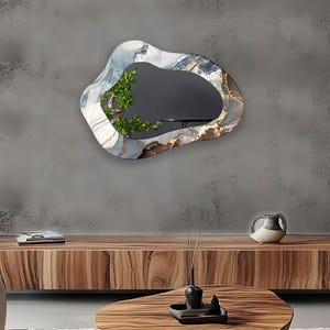 Asymmetrical Wall Mirror: Blue & Gold Marble Tempered Glass