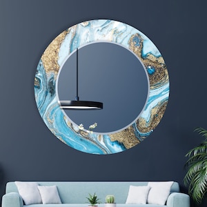 Round Glass Wall Mirror - Blue and Gold Abstract Art - Luxury Decorative Mirror - Modern Statement Wall Decor - Large Elegant Home Mirror