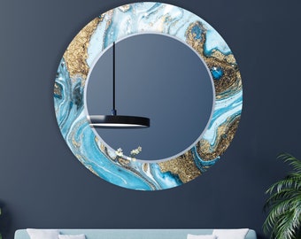 Blue and Gold Abstract Round Wall Mirror - Tempered Glass