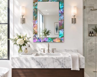 Iridescent Effect Wall Mirror with Aqua, Pink and Lilac Crystal Print, Decorative Glass Mirror for Eclectic Bedroom and Entryway