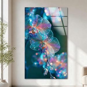 Iridescent Orchid Glass Wall Art, Translucent Floral Print, Botanical Decor