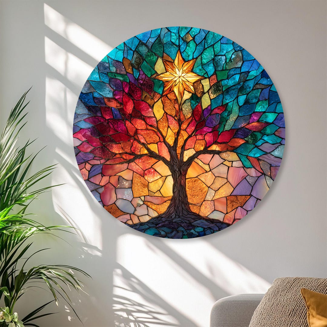Stained Glass Tree of Life Wall Art – Colorful Round Mosaic Sunset ...