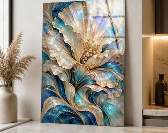 Blue and Gold Floral Tempered Glass Wall Art, Pearl White Flower Artwork, Luxury Botanical Wall Decor, Elegant Modern Living Room Art