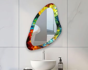 Large Stained Tempered Glass Wall Mirror: Modern Mosaic Decor